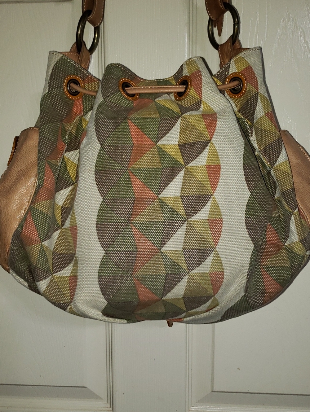 💘🖤💘 HAYDEN HARNETT MULTICOLOR GEOMETRIC PRINT TAN LEATHER HOBO BUCKET BAG - Picture 15 of 15